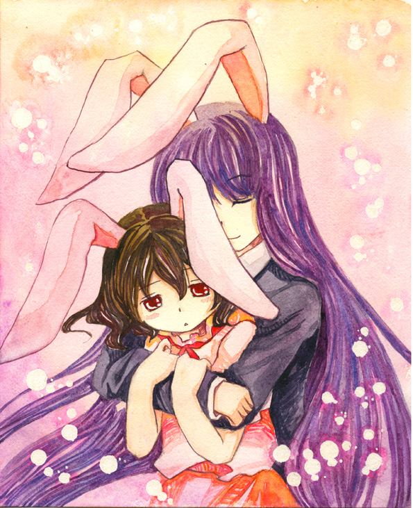 shiroaisa, inaba tewi, reisen udongein inaba, touhou, bad id, bad pixiv id, painting (medium), traditional media, watercolor (medium), 2girls, animal ears, female focus, hug, long hair, multiple girls, purple hair, rabbit ears, red eyes, short hair