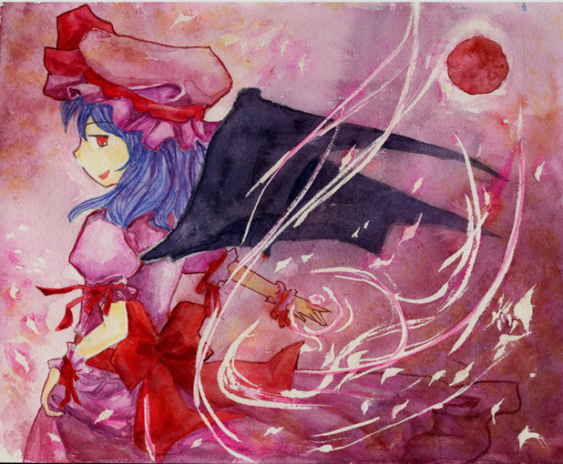 shiroaisa, remilia scarlet, touhou, painting (medium), traditional media, watercolor (medium), 1girl, bat wings, blue hair, female focus, hat, moon, red eyes, red moon, solo, standing, wings