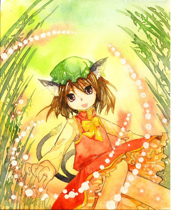 shiroaisa, chen, touhou, painting (medium), traditional media, watercolor (medium), 1girl, animal ears, bamboo, bamboo forest, blonde hair, cat ears, cat girl, cat tail, danmaku, earrings, female focus, forest, hat, jewelry, multiple tails, nature, solo, tail