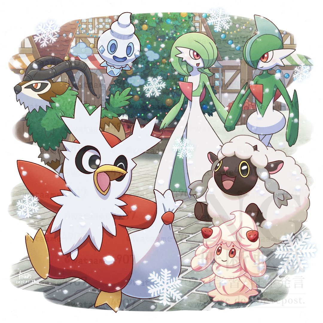wataame4907, alcremie, alcremie (strawberry sweet), delibird, gallade, gardevoir, gogoat, vanillite, wooloo, nintendo, pokemon, commentary request, blue eyes, bob cut, christmas tree, colored skin, dated, dress, gen 2 pokemon, gen 3 pokemon, gen 4 pokemon, gen 5 pokemon, gen 6 pokemon, gen 8 pokemon, green hair, green skin, holding hands, horns, multicolored skin, one eye closed, pink eyes, pokemon (creature), signature, smile, snowflakes, snowing, two-tone skin, watermark, white dress, white skin