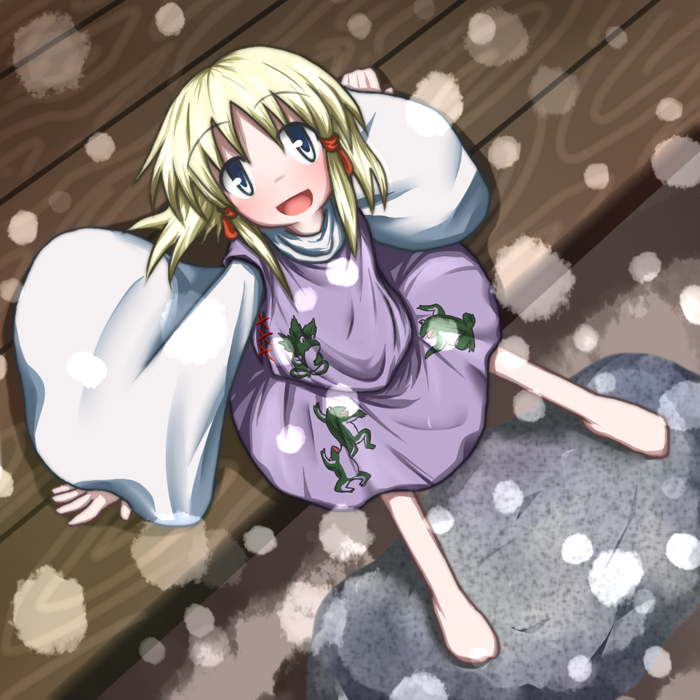 baerun, moriya suwako, touhou, 1girl, barefoot, blonde hair, blue eyes, female focus, full body, looking up, outdoors, sitting, skirt, snow, solo