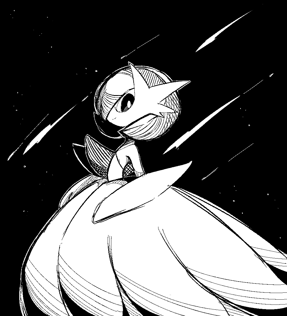 ayaka 488, gardevoir, mega gardevoir, nintendo, pokemon, commentary, symbol-only commentary, black background, bob cut, dress, elbow gloves, from side, gen 3 pokemon, gloves, looking at viewer, mega pokemon, pokemon (creature), simple background, smile, strapless, strapless dress, white gloves