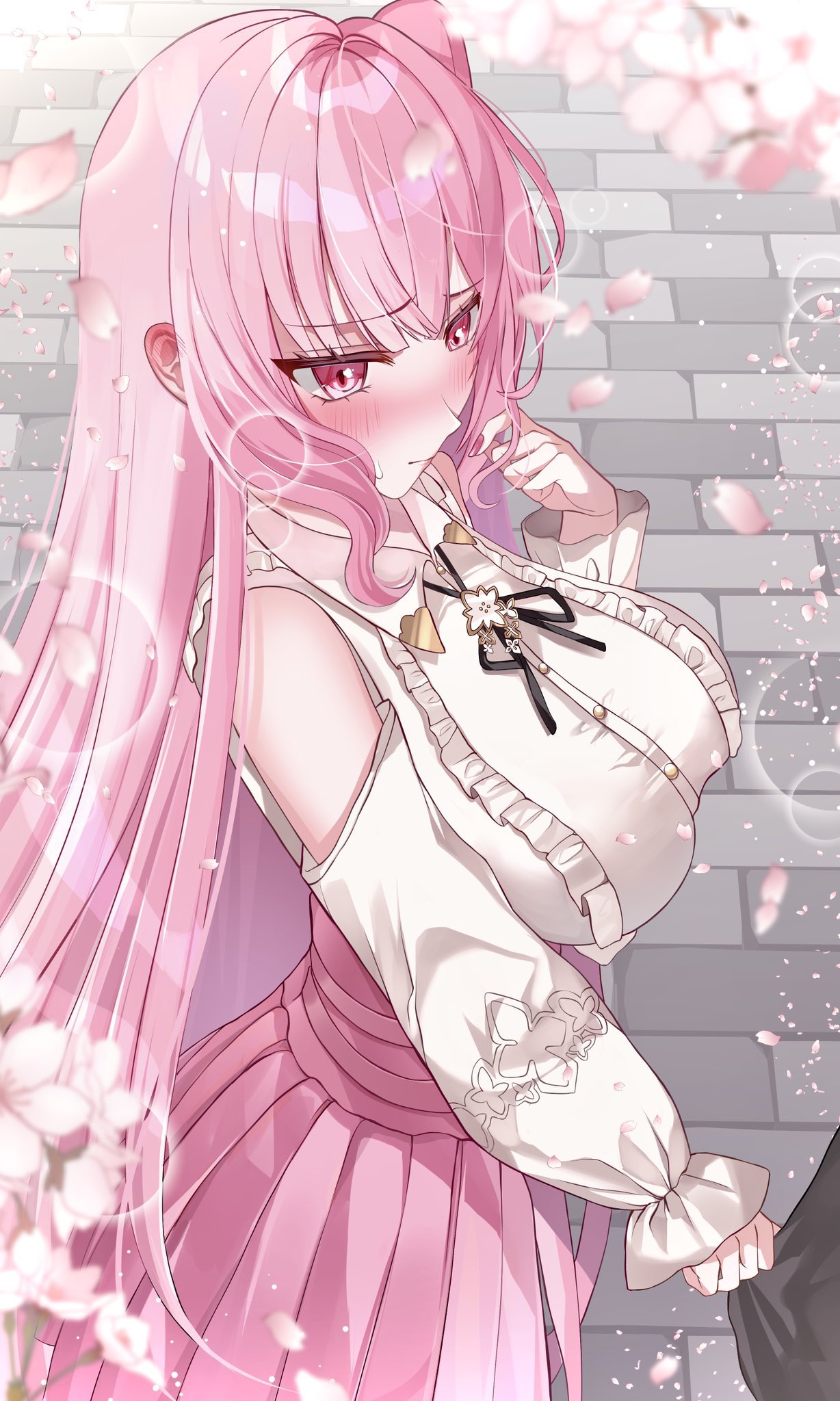 miza8276, mori calliope, mori calliope (kawaiiope), hololive, hololive english, highres, 1girl, blush, breasts, collared shirt, flower, frills, hair flower, hair ornament, large breasts, long hair, long sleeves, looking at viewer, official alternate costume, official alternate hairstyle, pink eyes, pink hair, pink skirt, shirt, skirt, solo, virtual youtuber, white shirt