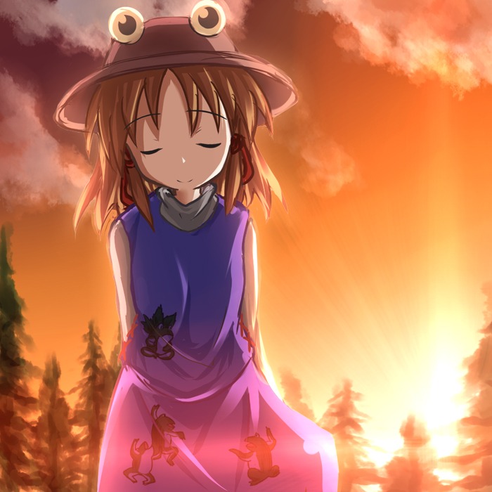 baerun, moriya suwako, touhou, 1girl, arms behind back, blonde hair, closed eyes, dusk, female focus, forest, frog, gradient background, hat, nature, outdoors, plant, skirt, sky, solo