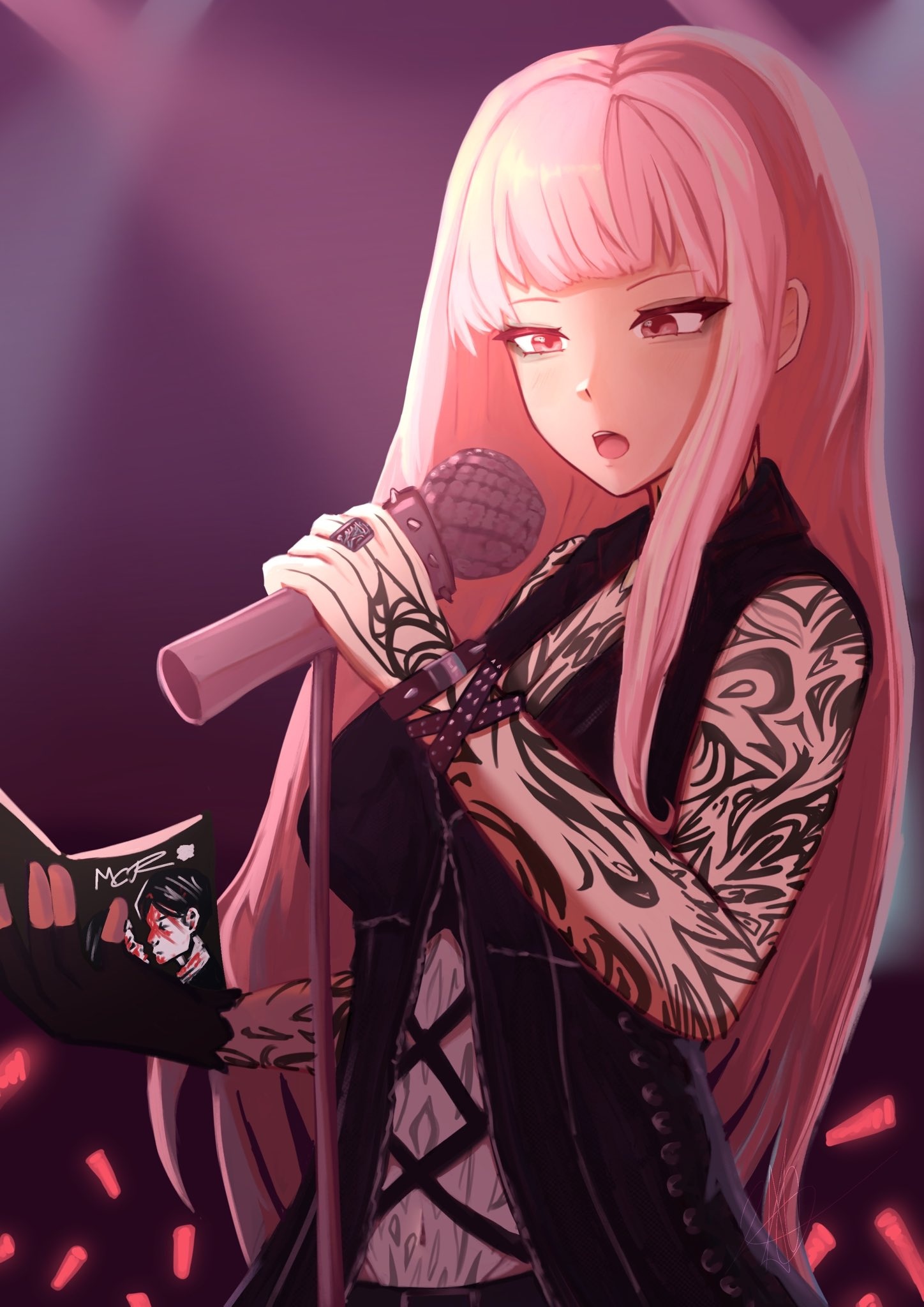 mori calliope, v (devil may cry), hololive, hololive english, highres, 1girl, breasts, cosplay, large breasts, long hair, looking at viewer, microphone, pink eyes, pink hair, pjedits, solo, tattoo, v (devil may cry) (cosplay), virtual youtuber