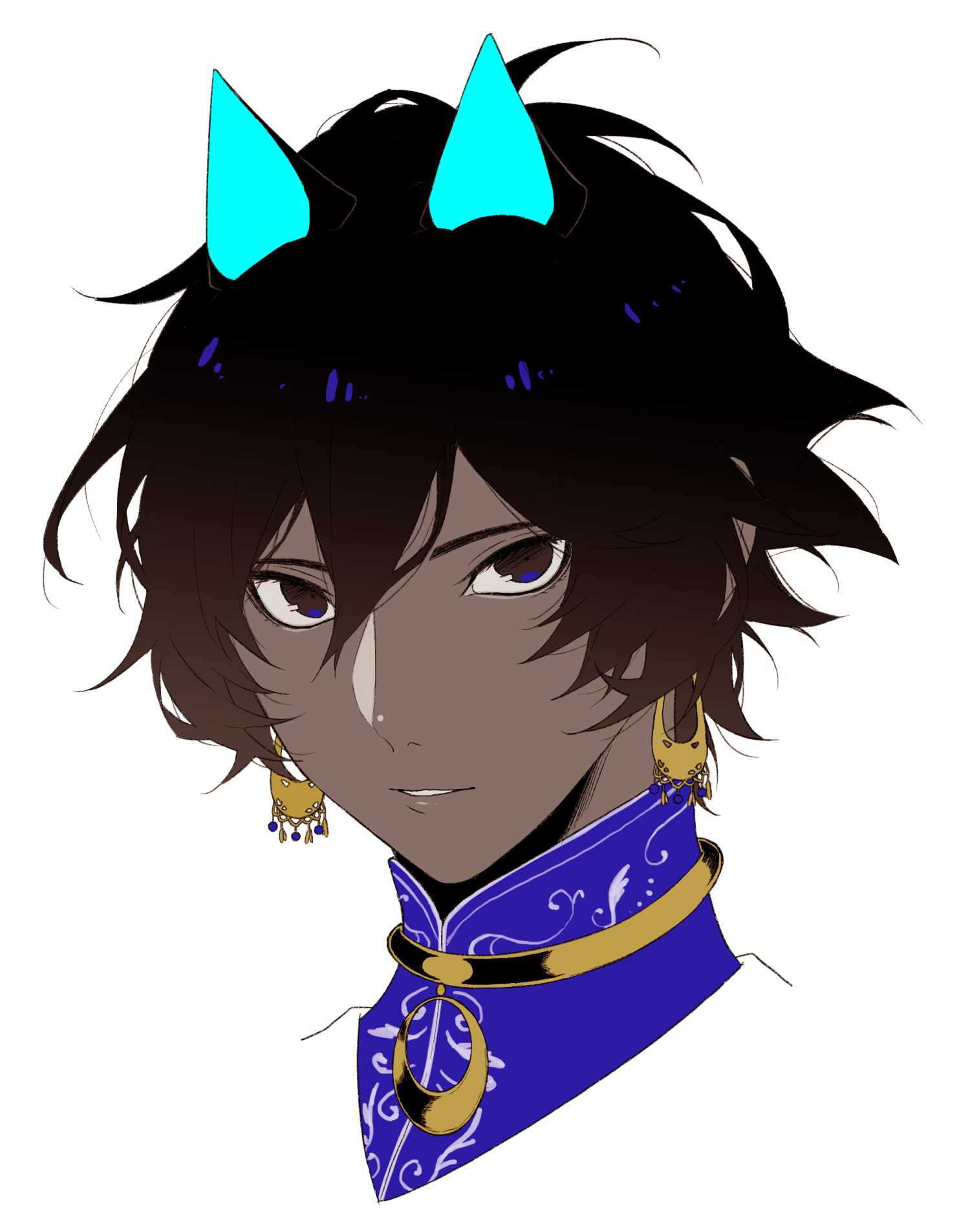 fuka (hk nemo), arjuna (fate), arjuna alter (fate), fate/grand order, fate (series), commentary request, highres, 1boy, black hair, blue eyes, cropped shoulders, dark-skinned male, dark skin, earrings, hair between eyes, horns, jewelry, looking at viewer, male focus, parted lips, portrait, short hair, simple background, solo, white background