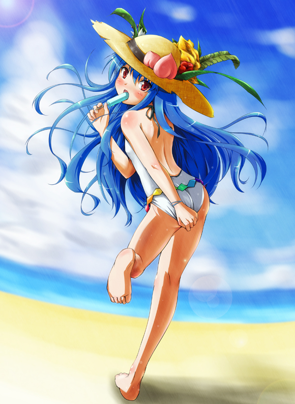 kimoto kanata, hinanawi tenshi, touhou, bad id, bad pixiv id, 1girl, adapted costume, alternate costume, ass, back, backless outfit, bare back, barefoot, beach, blue hair, blush, casual one-piece swimsuit, covering ass, covering privates, day, feet, female focus, fisheye, food, from behind, fruit, hat, legs, long hair, looking back, one-piece swimsuit, peach, popsicle, red eyes, solo, straw hat, swimsuit, turtleneck