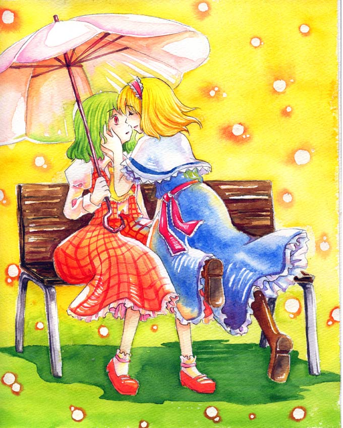 shiroaisa, alice margatroid, kazami yuuka, touhou, millipen (medium), painting (medium), pen (medium), traditional media, watercolor (medium), 2girls, ascot, bench, blonde hair, boots, female focus, green hair, hairband, imminent kiss, mary janes, multiple girls, parasol, plaid clothes, plaid skirt, plaid vest, red eyes, shoes, short hair, skirt, skirt set, umbrella, vest, yuri