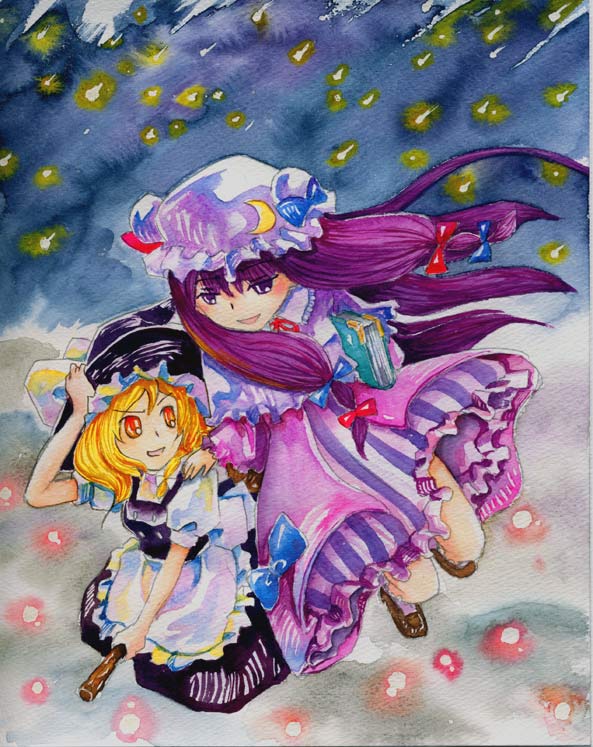 shiroaisa, kirisame marisa, patchouli knowledge, touhou, millipen (medium), painting (medium), pen (medium), traditional media, watercolor (medium), 2girls, blonde hair, book, braid, broom, broom riding, female focus, flying, hat, long hair, multiple girls, purple eyes, purple hair, sidesaddle, witch, witch hat, yellow eyes