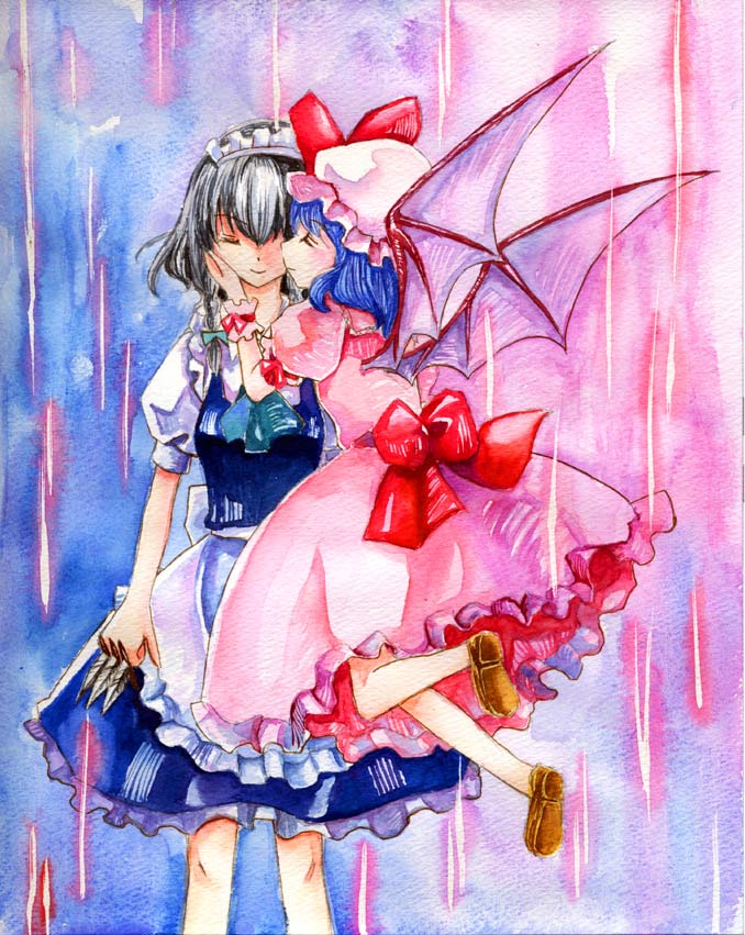 shiroaisa, izayoi sakuya, remilia scarlet, touhou, silver hair, millipen (medium), painting (medium), pen (medium), traditional media, watercolor (medium), 2girls, bat wings, blue hair, braid, female focus, hat, knife, maid, multiple girls, ribbon, short hair, twin braids, wings