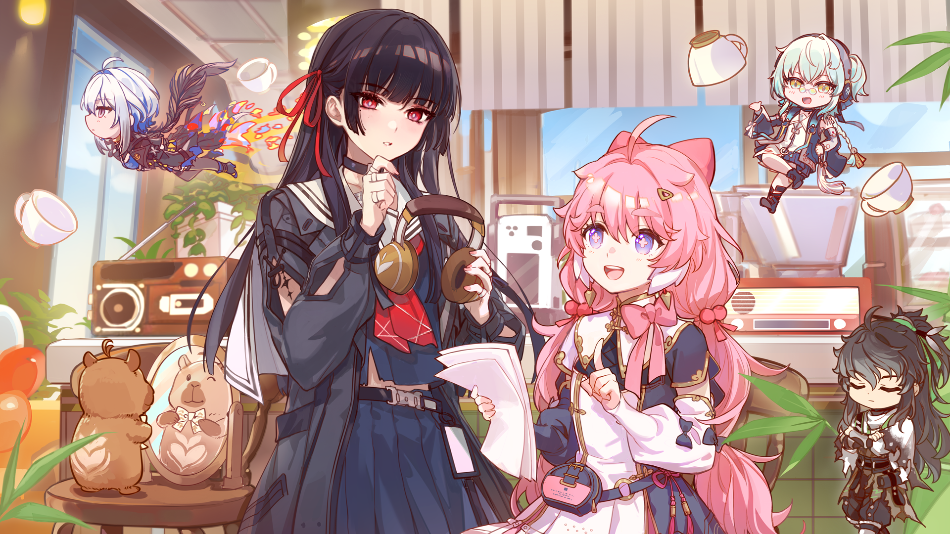 csyday, buling (wuthering waves), chisa (wuthering waves), encore (wuthering waves), galbrena (wuthering waves), qiuyuan (wuthering waves), wuthering waves, commentary request, highres, official art, 1boy, 4girls, arm cutout, black hair, black jacket, black shirt, black skirt, blue hair, bow, clothing cutout, cup, dress, hair bow, hair ribbon, holding, holding paper, indoors, jacket, light blush, logo, long hair, long sleeves, multiple girls, namipon (wuthering waves), neckerchief, paper, parted lips, pink bow, pink hair, red eyes, red neckerchief, red ribbon, ribbon, sailor collar, shirt, skirt, tacet mark (wuthering waves), twitter username, white dress, white sailor collar
