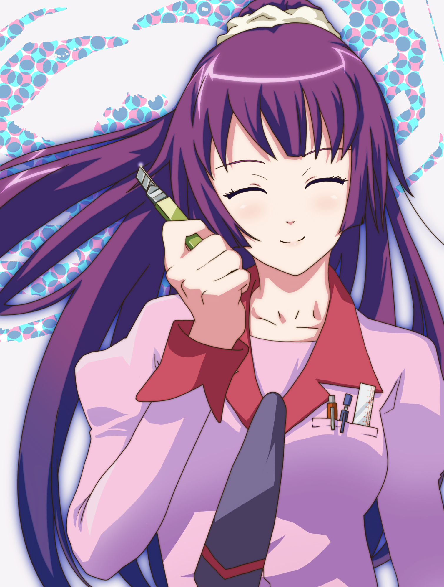 tsuda souichirou, senjougahara hitagi, bakemonogatari, monogatari (series), bad id, bad pixiv id, highres, 00s, ^ ^, boxcutter, closed eyes, long hair, mechanical pencil, necktie, pen, pencil, purple hair, ruler, school uniform, smile, solo