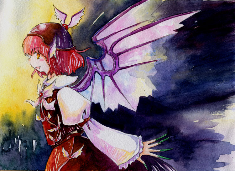 shiroaisa, mystia lorelei, touhou, painting (medium), traditional media, watercolor (medium), 1girl, female focus, hat, pink hair, short hair, solo, standing, wings