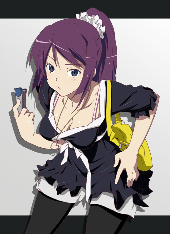 ashita kara ganbaro, senjougahara hitagi, bakemonogatari, monogatari (series), 00s, 1girl, bag, blue eyes, blush, bra strap, breasts, cleavage, female focus, handbag, heart, jewelry, long hair, necklace, pantyhose, ponytail, purple hair, scrunchie, solo, stapler