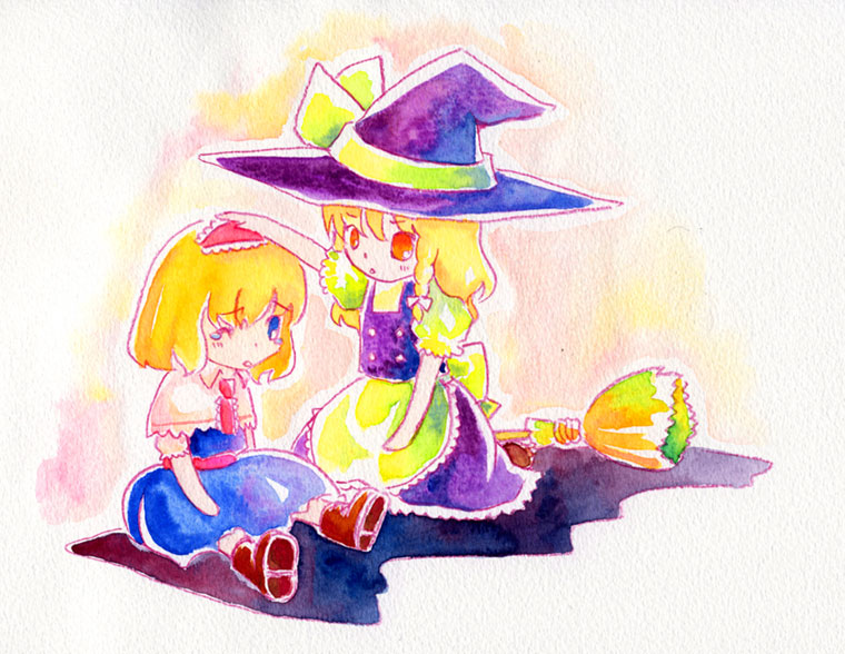 shiroaisa, alice margatroid, kirisame marisa, touhou, painting (medium), traditional media, watercolor (medium), 2girls, blonde hair, braid, broom, chibi, colorful, female focus, hairband, hat, headpat, multiple girls, tears, witch, witch hat