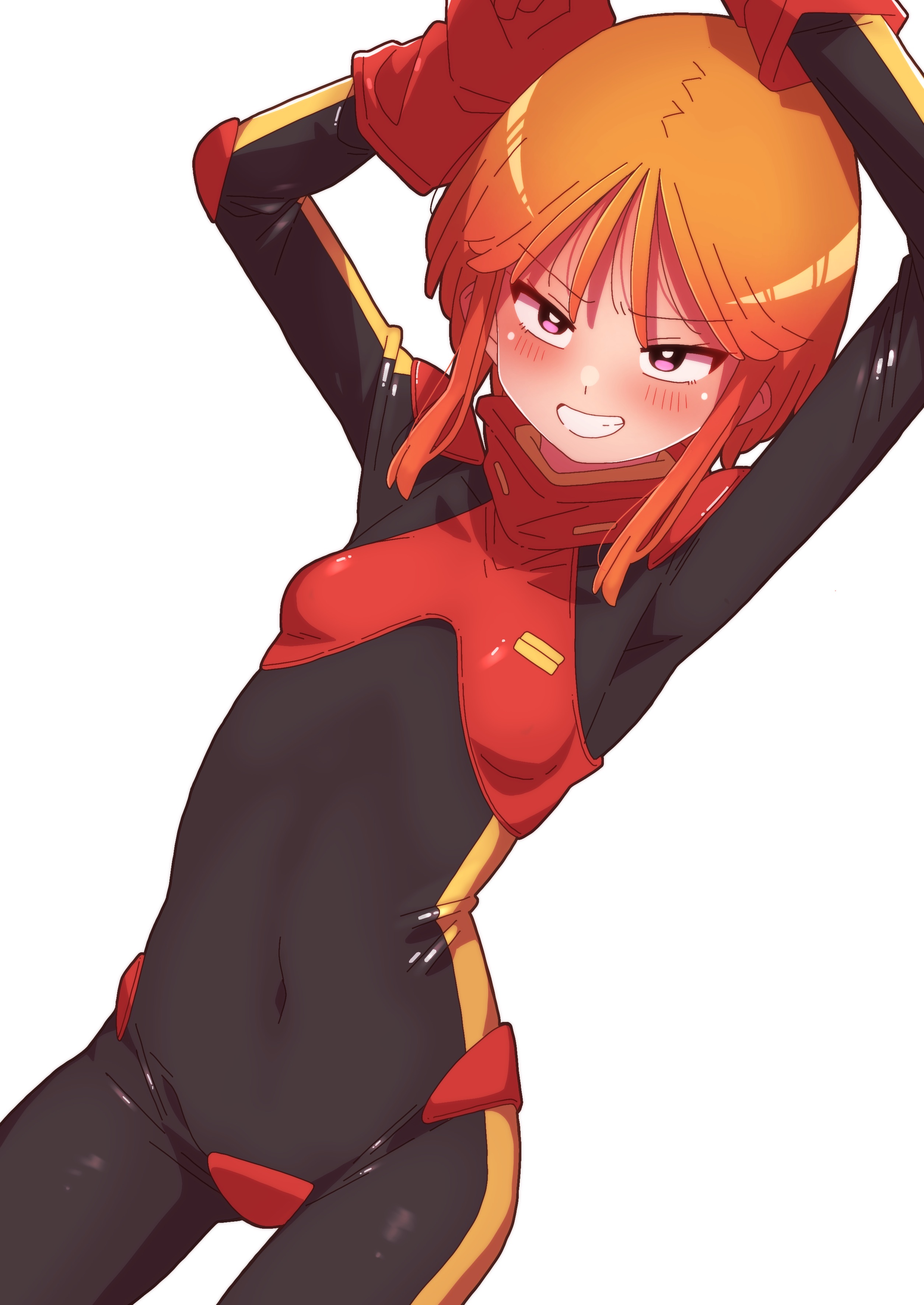 onimaru (onimal7802), puru two, gundam, gundam zz, absurdres, commentary request, highres, 1girl, arms up, breasts, covered navel, cowboy shot, gloves, light blush, looking at viewer, mecha pilot suit, military uniform, neo zeon, normal suit (gundam), orange hair, red gloves, science fiction, short hair, small breasts, smile, solo, standing, white background