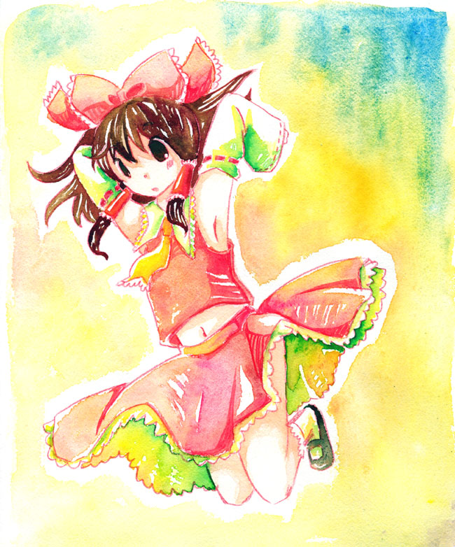 shiroaisa, hakurei reimu, touhou, painting (medium), traditional media, watercolor (medium), 1girl, armpits, brown hair, detached sleeves, female focus, full body, gradient background, japanese clothes, jumping, midriff, miko, navel, skirt, solo