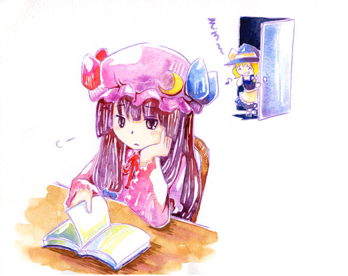shiroaisa, kirisame marisa, patchouli knowledge, touhou, painting (medium), traditional media, watercolor (medium), 2girls, blonde hair, book, braid, female focus, hat, long hair, multiple girls, musical note, open book, purple hair, reading, sigh, witch, witch hat