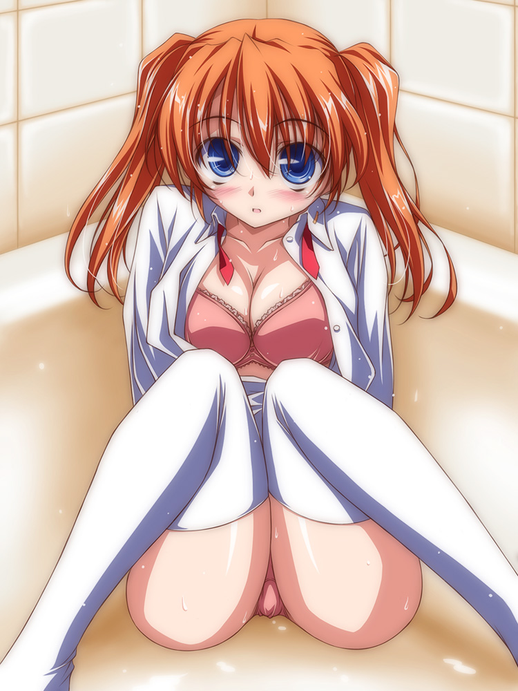 teana lanster, lyrical nanoha, mahou shoujo lyrical nanoha, mahou shoujo lyrical nanoha strikers, 00s, 1girl, bathtub, blue eyes, blush, breasts, cleavage, female focus, large breasts, open clothes, open shirt, orange hair, panties, shirt, solo, thighhighs, twintails, underwear