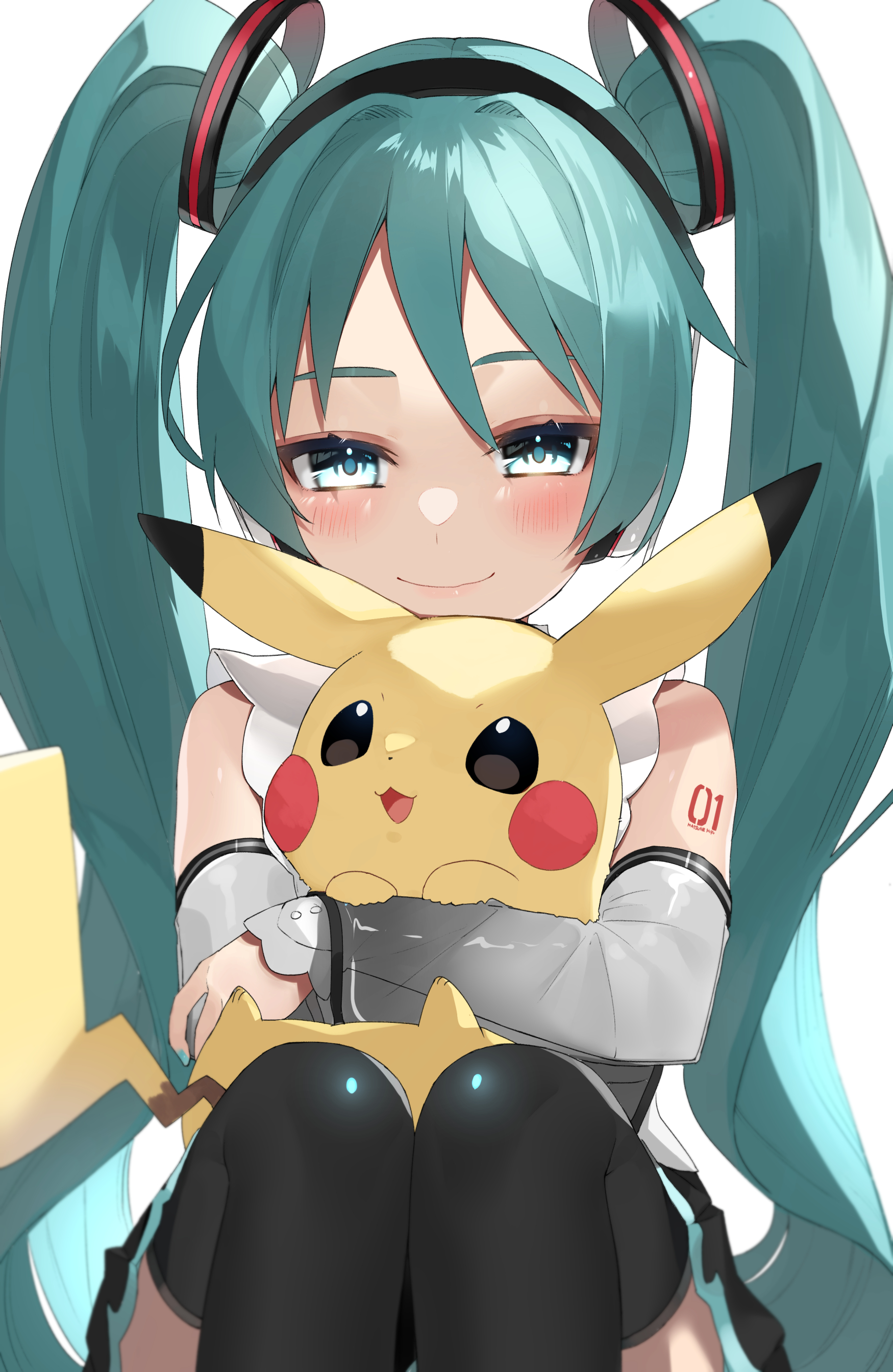 reirou (chokoonnpu), hatsune miku, hatsune miku (nt), pikachu, nintendo, piapro studio, pokemon, vocaloid, absurdres, commentary, highres, symbol-only commentary, 1girl, animal, animal hug, black eyes, blue eyes, crossover, detached sleeves, eyelashes, gen 1 pokemon, long hair, looking at viewer, number tattoo, pleated skirt, pokemon (creature), shoulder tattoo, simple background, skirt, tattoo, thighhighs, twintails, very long hair, white background