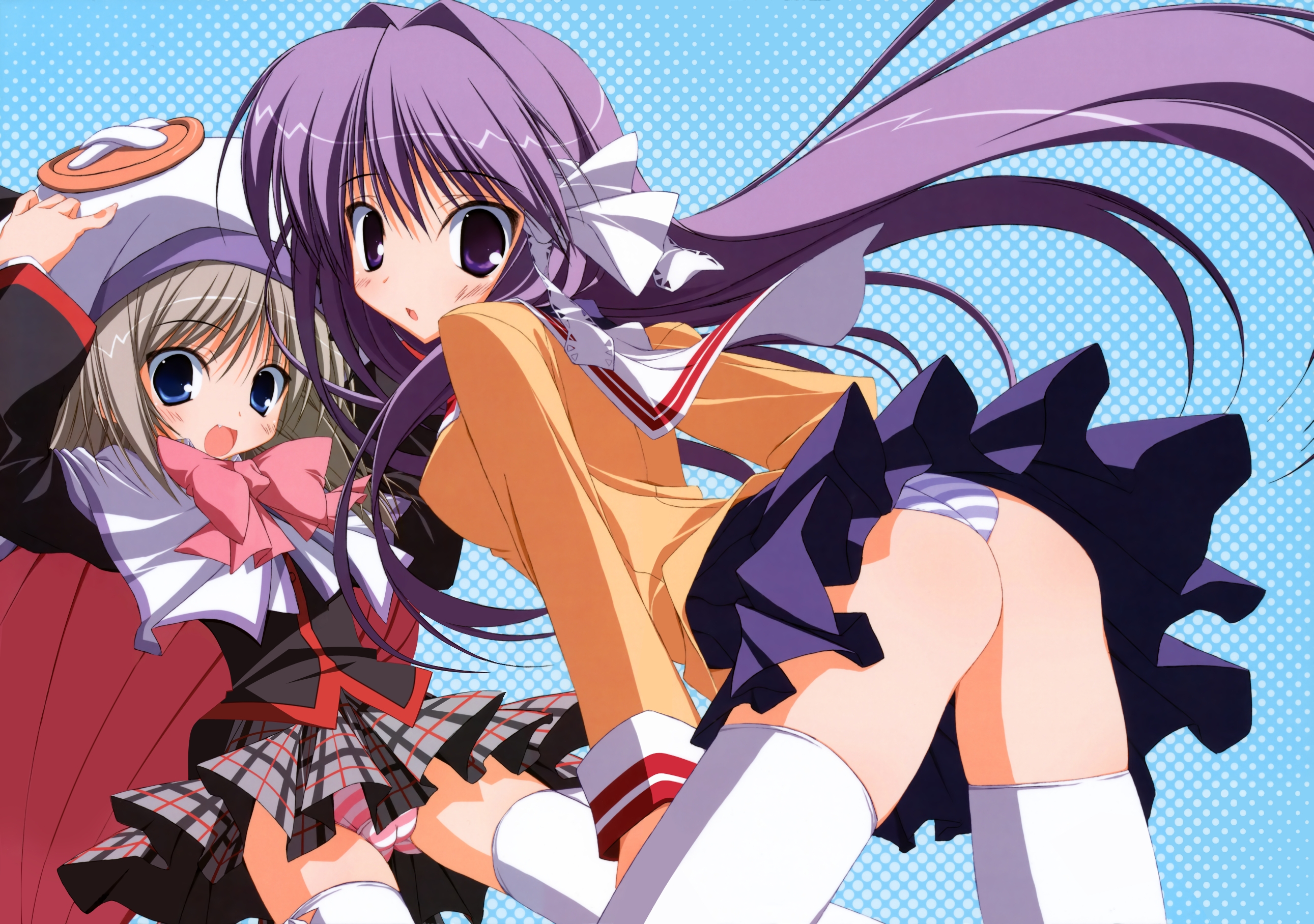 fujibayashi kyou, noumi kudryavka, clannad, little busters!, silver hair, highres, 00s, 2girls, blue eyes, blush, cameltoe, crossover, hat, long hair, multiple girls, open mouth, panties, pantyshot, purple eyes, purple hair, school uniform, striped clothes, striped panties, thighhighs, underwear, wedgie