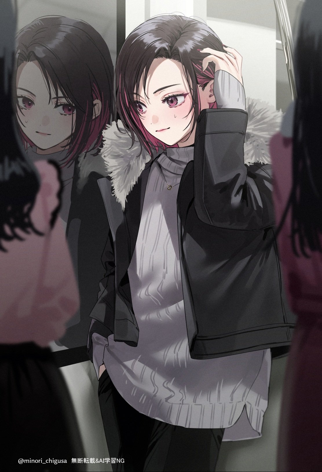 chigusa minori, shirayuki ren, shino to ren, commentary request, highres, 3girls, black hair, black jacket, black nails, black pants, closed mouth, colored inner hair, gradient nails, grey sweater, hand in pocket, jacket, long hair, long sleeves, multicolored hair, multiple girls, nail polish, open clothes, open jacket, pants, pink eyes, pink hair, pink shirt, purple nails, shirt, short hair, sweatdrop, sweater, train interior