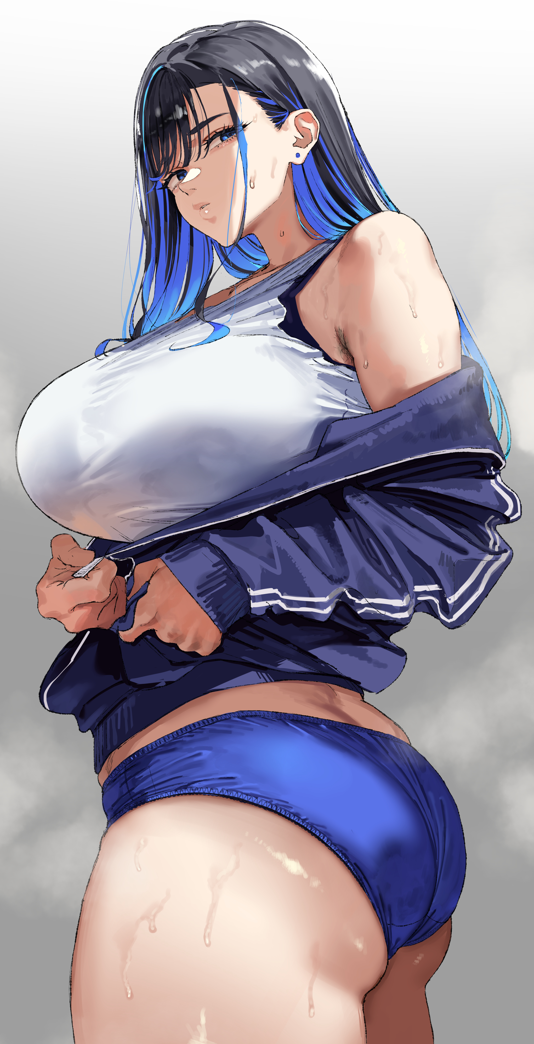 mdoctkscb, original, absurdres, commentary, highres, 1girl, armpit hair, ass, black hair, blue hair, blue jacket, blue shorts, breasts, colored inner hair, earrings, gradient hair, jacket, jewelry, large breasts, looking at viewer, looking back, medium hair, multicolored hair, shirt, shorts, simple background, stud earrings, sweat, swept bangs, taut clothes, taut shirt, taut shorts, two-tone hair, white shirt