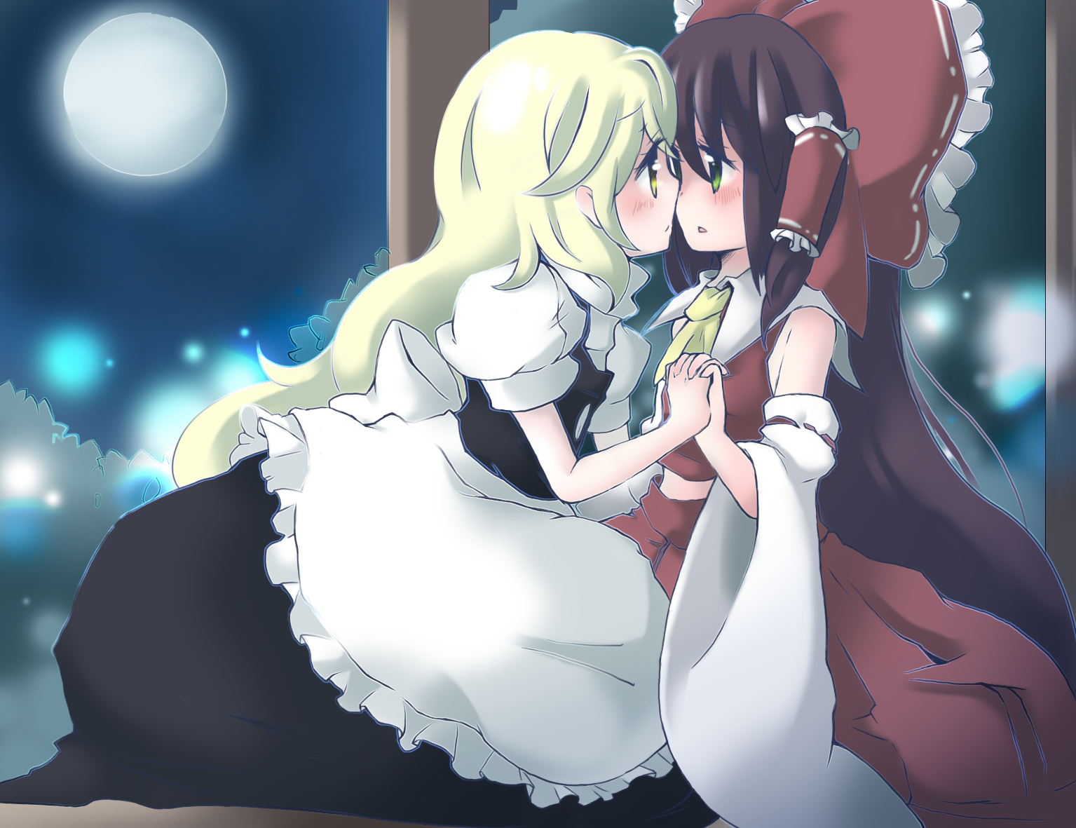 pecoe, hakurei reimu, kirisame marisa, touhou, 2girls, black hair, blonde hair, female focus, full moon, green eyes, long hair, moon, multiple girls, yellow eyes