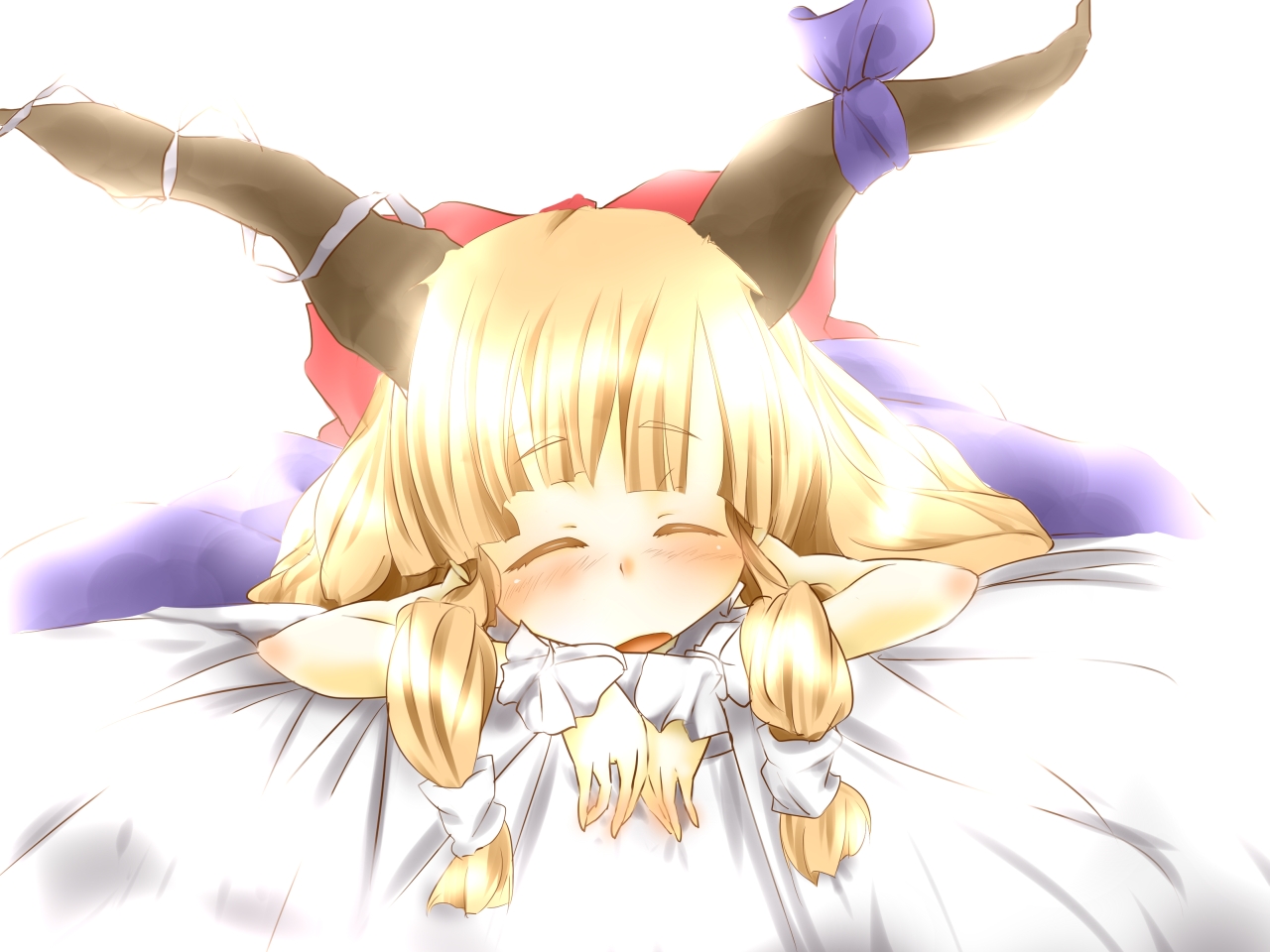 corocoma, ibuki suika, touhou, 1girl, bed, blonde hair, female focus, horns, long hair, ribbon, sleeping, solo