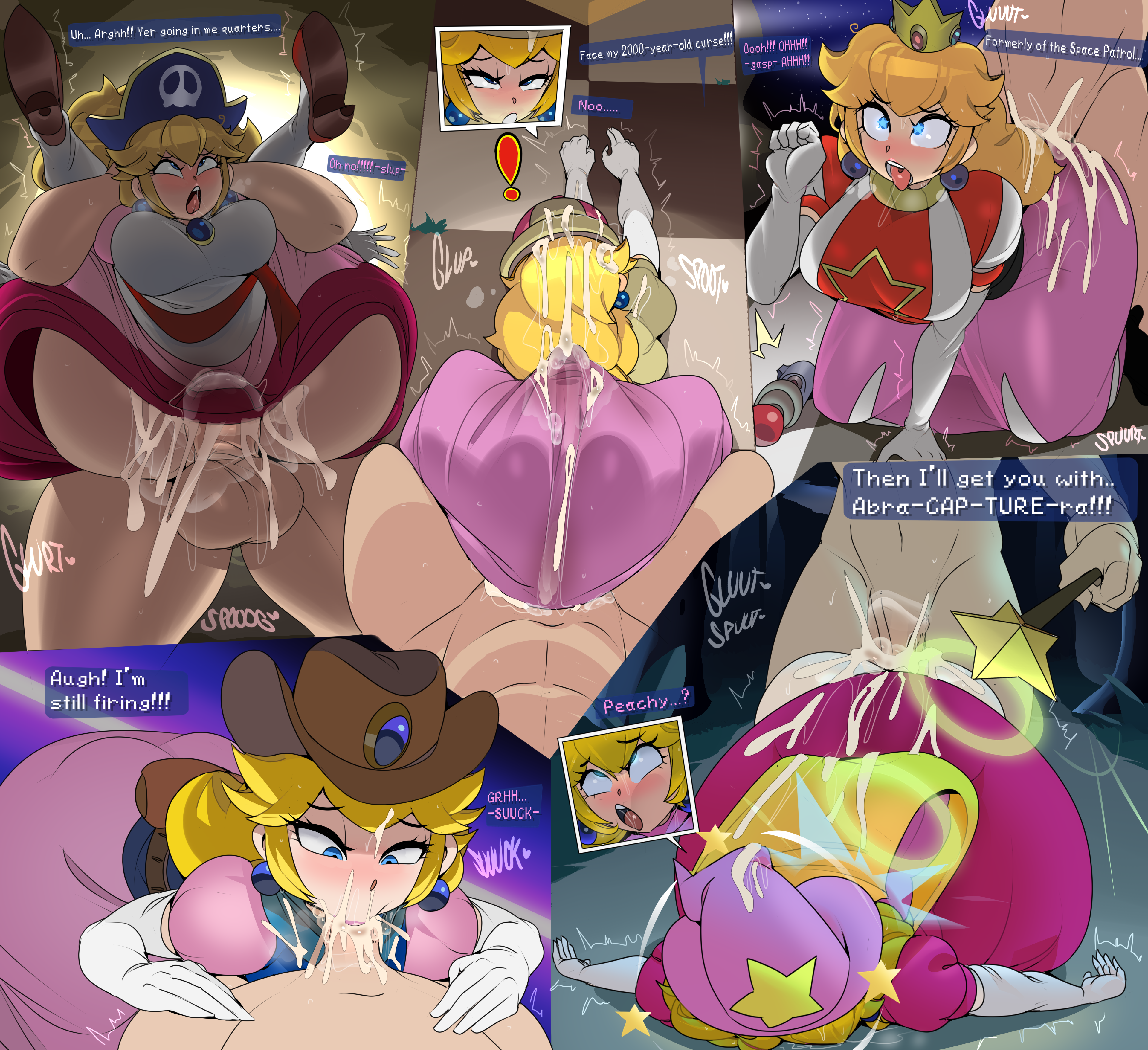 captain kirb, princess peach, mario (series), mario party, mario party 2, nintendo, !, 1boy, 1girl, aftersex, ahegao, blonde hair, blue eyes, blush, breasts, buttjob, clothed female nude male, clothed sex, cowboy hat, cum, cum in clothes, cum in mouth, cum in pussy, cum on ass, cum on body, cum on clothes, cum on upper body, doggystyle, ear piercing, earrings, english text, fellatio, hat, huge breasts, huge penis, huge testicles, jewelry, long hair, looking at viewer, looking back, nude, open mouth, oral, penis, piercing, pov, rolling eyes, sex from behind, speech bubble, surprised, testicles, thought bubble, tongue, tongue out, top-down bottom-up