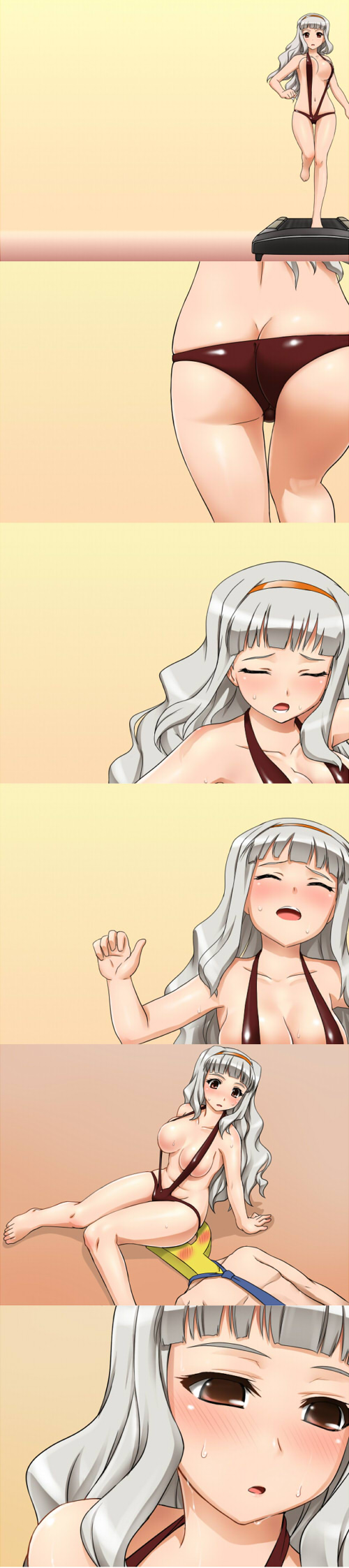 zanzi, p-head producer, producer (idolmaster), shijou takane, fight ippatsu! juuden-chan!!, idolmaster, idolmaster (classic), silver hair, highres, long image, tall image, 1boy, 1girl, ass, barefoot, blush, breasts, butt crack, falling, feet, large breasts, long hair, naked necktie, necktie, parody, sitting, sitting on face, sitting on person, slingshot swimsuit, sweat, swimsuit, treadmill