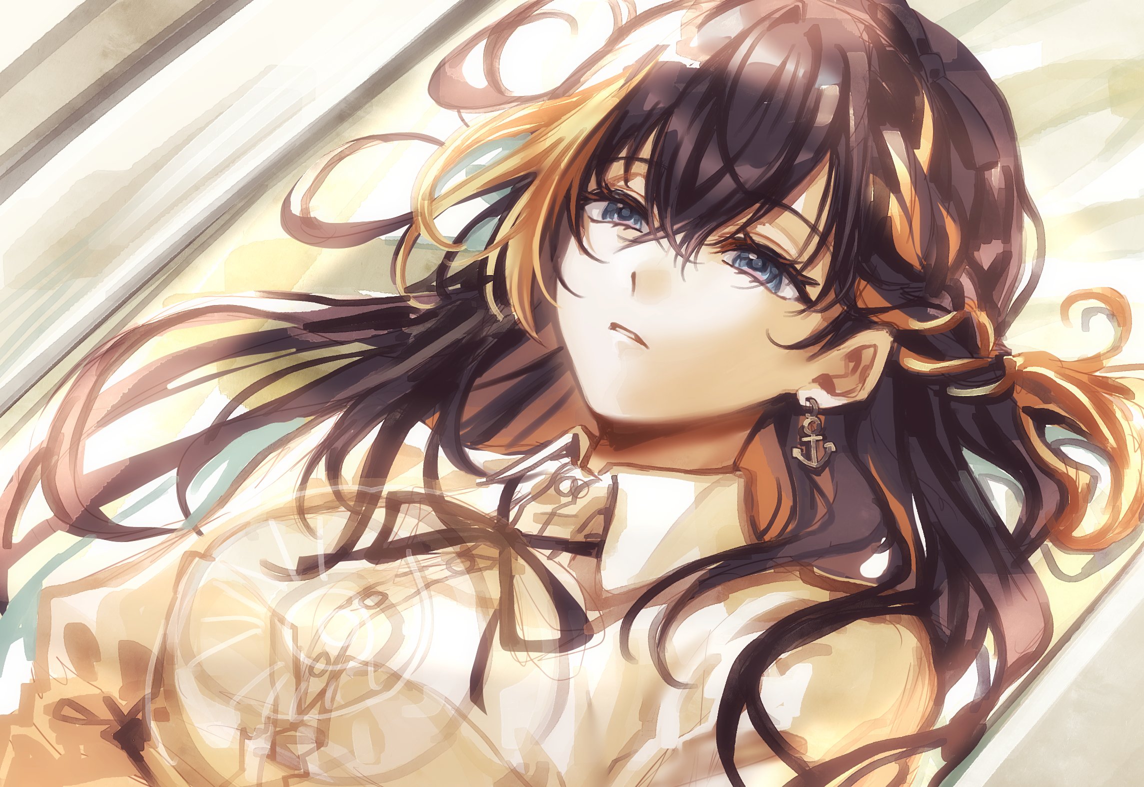 jin (pineeeapple), petra gurin, nijisanji, nijisanji en, commentary request, highres, 1girl, alternate costume, anchor earrings, black hair, black ribbon, blonde hair, blue eyes, braid, collared shirt, dutch angle, earrings, hair between eyes, jewelry, long hair, multicolored hair, neck ribbon, parted lips, ribbon, shirt, solo, streaked hair, two-tone hair, upper body, virtual youtuber