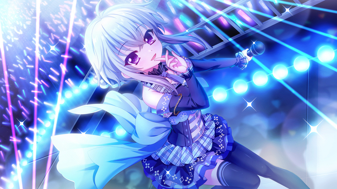 izumi tsubasu, ichijou ruka, re:stage!, game cg, non-web source, official art, 1girl, ahoge, asymmetrical legwear, audience, bare shoulders, belt, black bow, black pantyhose, black thighhighs, blue bow, blue skirt, blue sleeves, bow, clothing cutout, concert, detached sleeves, diamond print, dot nose, dutch angle, film grain, floral print, floral print skirt, glowstick, grey hair, hand up, holding, holding microphone, idol, idol clothes, large bow, layered skirt, lens flare, long sleeves, looking at viewer, microphone, multiple belts, navel, necktie, open mouth, pantyhose, plaid clothes, plaid skirt, print skirt, purple belt, purple eyes, purple necktie, railing, short hair with long locks, short necktie, skirt, smile, solo, sparkle, stage, stage lights, standing, standing on one leg, stomach cutout, thighhighs