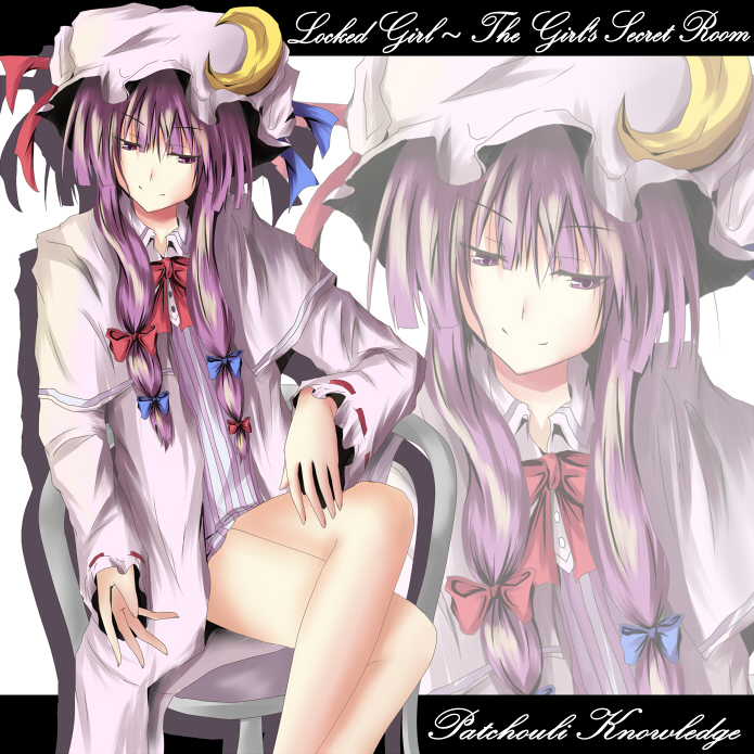 ram hachimin, patchouli knowledge, touhou, 1girl, chair, crossed legs, female focus, hat, long hair, purple eyes, purple hair, sitting, solo, zoom layer