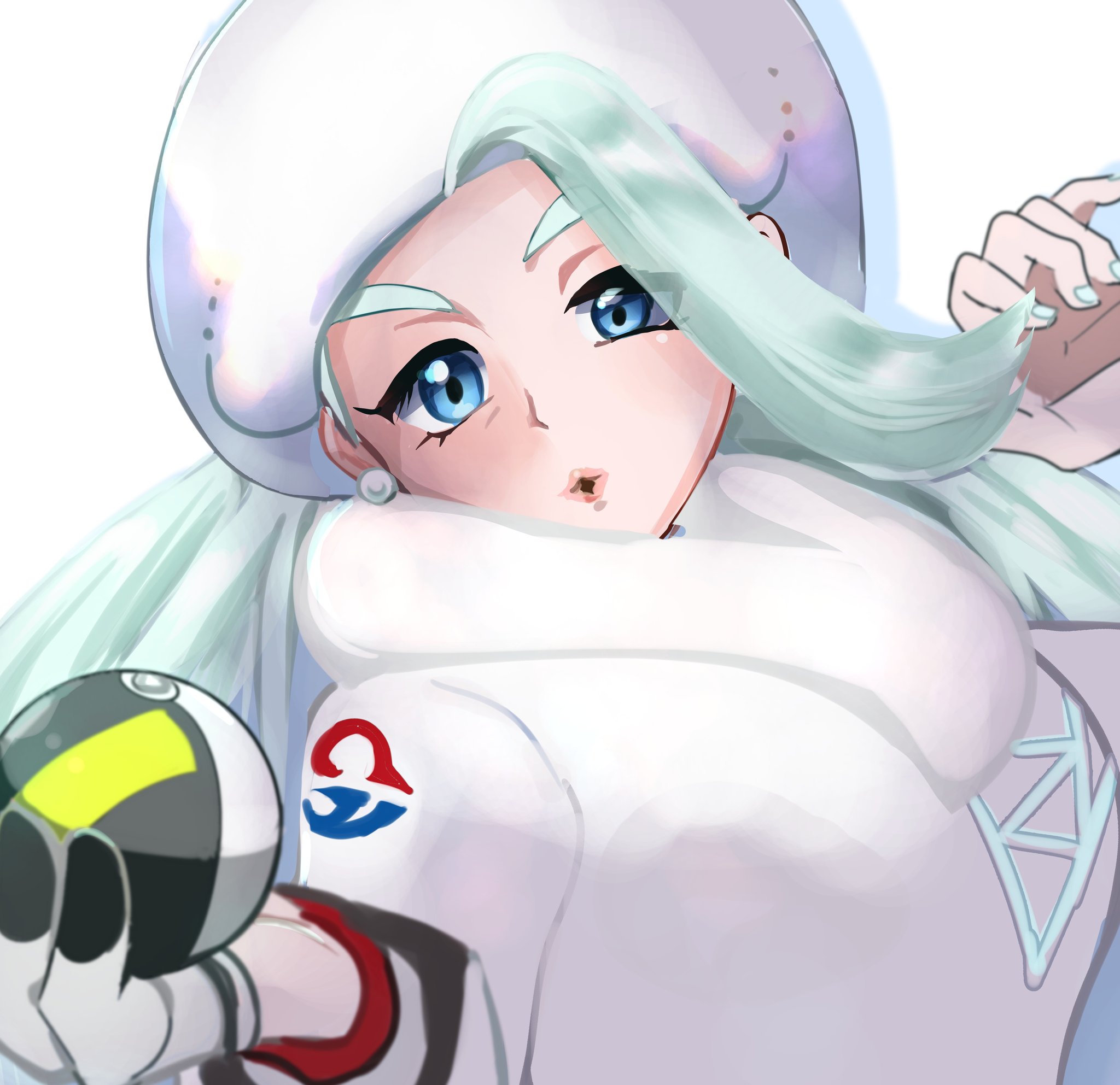 akisame kanon, melony (pokemon), nintendo, pokemon, pokemon swsh, commentary request, highres, 1girl, blue eyes, breasts, earrings, fur collar, fur hat, gloves, hat, holding, holding poke ball, jewelry, large breasts, long hair, long sleeves, mature female, multicolored hair, pearl earrings, plump, poke ball, single glove, solo, streaked hair, sweater, ultra ball, upper body, ushanka, white hat, white sweater