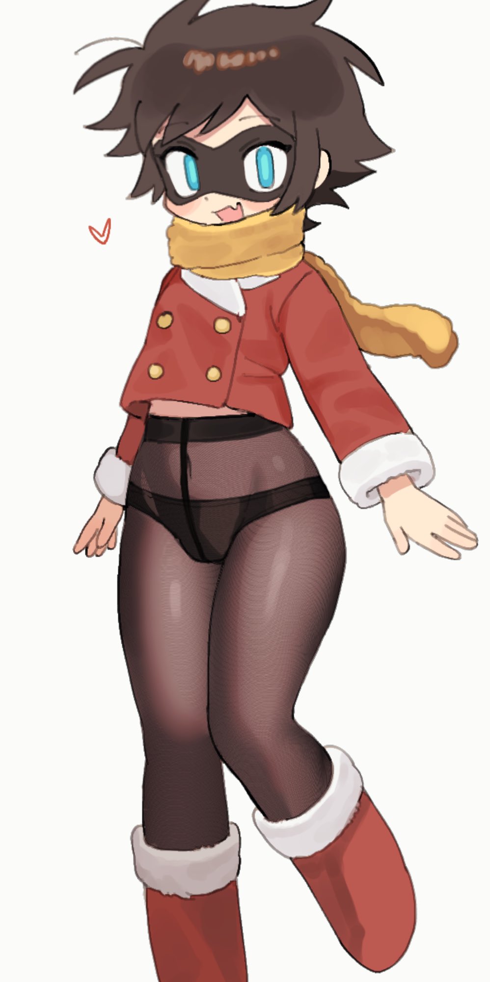 batrobin k, robin (batrobin k), original, highres, 1girl, black mask, black panties, black pantyhose, blue eyes, brown hair, buttons, domino mask, double-breasted, eye mask, fang, fur trim, mask, midriff peek, panties, pantyhose, scarf, short hair, simple background, skin fang, underwear, white background, winter clothes