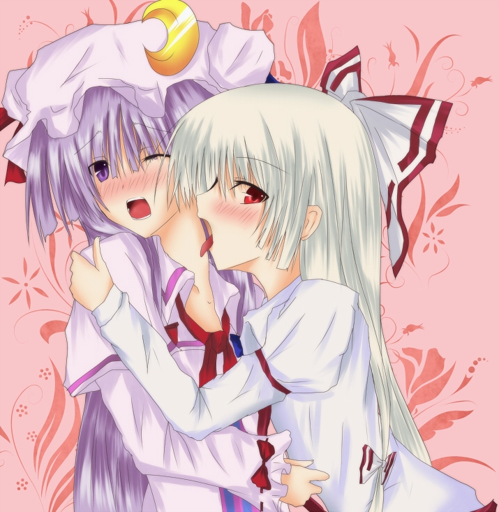 ram hachimin, fujiwara no mokou, patchouli knowledge, touhou, silver hair, 2girls, artistic error, blush, female focus, hair ribbon, hat, licking, long hair, multiple girls, one eye closed, purple eyes, purple hair, red eyes, ribbon, wince, yuri