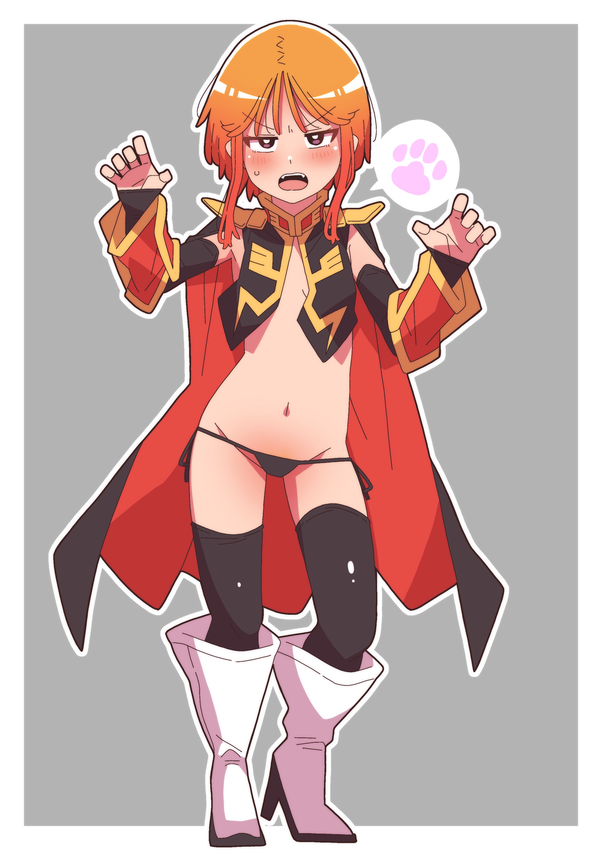 onimaru (onimal7802), puru two, gundam, gundam zz, absurdres, commentary request, highres, 1girl, black cape, black panties, boots, border, breasts, bridal gauntlets, cape, full body, grey background, groin, light blush, looking at viewer, navel, neo zeon, no bra, orange hair, panties, paw pose, red cape, science fiction, short hair, shoulder pads, small breasts, solo, spoken paw print, standing, two-sided cape, two-sided fabric, underwear, white boots, white border