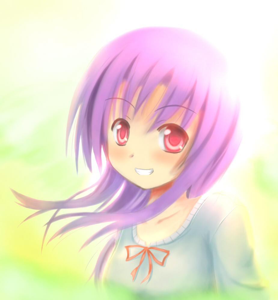lino-lin, original, bad id, bad pixiv id, tagme, green background, purple hair, red eyes, simple background, smile, solo