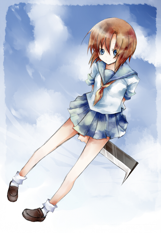 hanon mizushiro, ryuuguu rena, higurashi no naku koro ni, 00s, 1girl, billhook, blue eyes, brown hair, cloud, female focus, hashitsuki nata, hatchet, nata (tool), neckerchief, pigeon-toed, school uniform, serafuku, short hair, skirt, sky, solo, yellow neckerchief