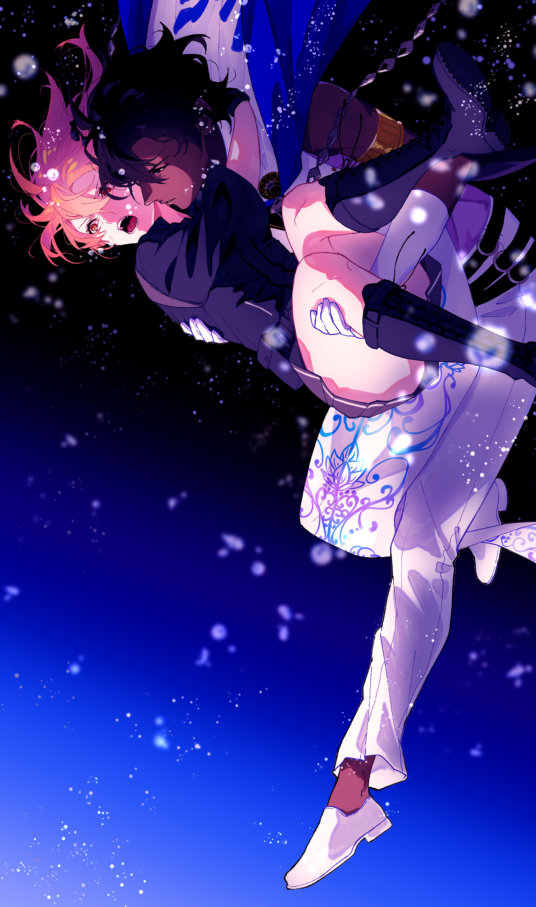 fuka (hk nemo), arjuna (fate), arjuna (third ascension) (fate), fujimaru ritsuka (female), fujimaru ritsuka (female) (polar chaldea uniform), fate/grand order, fate (series), absurdres, commentary request, highres, 1boy, 1girl, belt, black belt, black boots, black shirt, blue cape, boots, cape, carrying, dark-skinned male, dark skin, hair between eyes, orange hair, pants, parted lips, pleated skirt, princess carry, shirt, short hair, skirt, white pants