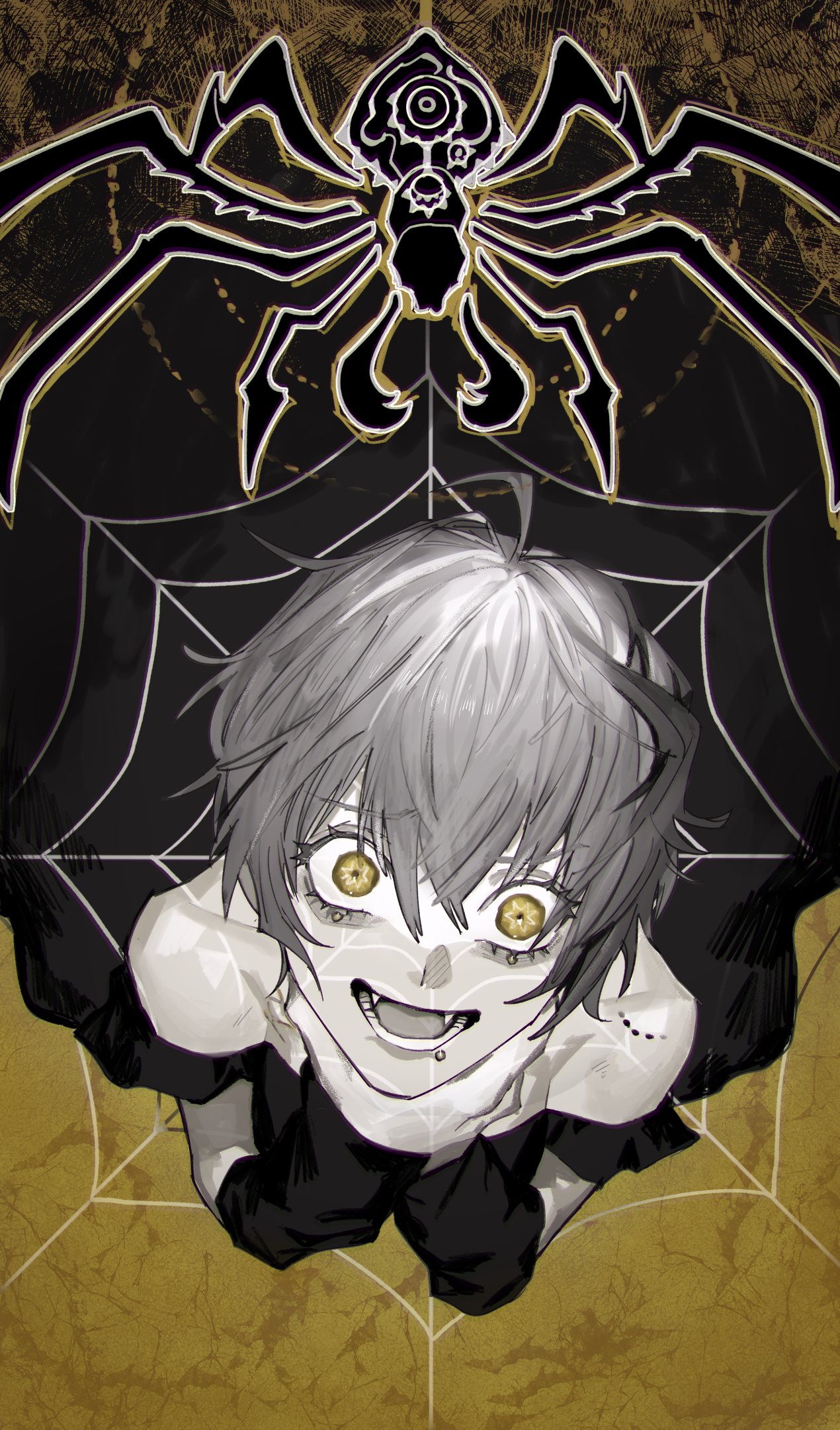 soyaka, flower (vocaloid), eva (vocaloid), vocaloid, commentary request, highres, 1girl, ahoge, androgynous, bare shoulders, bite mark, bug, crazy eyes, crazy smile, detached sleeves, eyelashes, face piercing, from above, greyscale, lip piercing, monochrome, multicolored hair, open mouth, piercing, short hair, silk, sleeves past wrists, smile, solo, spider, spider web, spot color, streaked hair, two-tone hair, yellow eyes