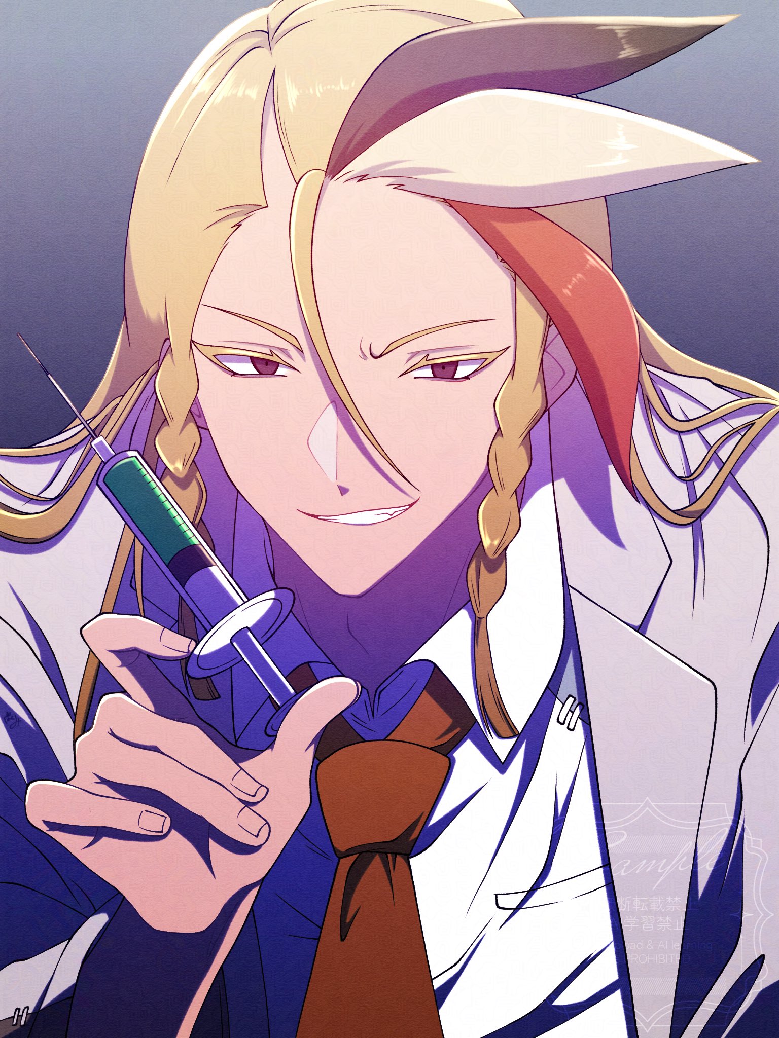 inazuma eleven (series), inazuma eleven victory road, commentary, english commentary, highres, 1boy, blonde hair, brown eyes, brown necktie, collared shirt, grey jacket, grin, holding, holding syringe, jacket, long hair, looking at viewer, multicolored hair, necktie, oirabakumi4649, open clothes, open jacket, shirt, smile, solo, streaked hair, syringe, upper body, white shirt, yagyuu suruga