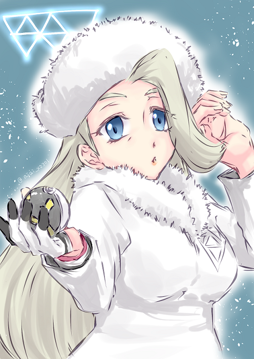 aiai x0301, melony (pokemon), nintendo, pokemon, pokemon swsh, commentary request, 1girl, blue eyes, breasts, dynamax band, earrings, fur collar, fur hat, gloves, hat, holding, holding poke ball, jewelry, large breasts, long hair, long sleeves, mature female, multicolored hair, pearl earrings, plump, poke ball, single glove, solo, streaked hair, sweater, ultra ball, upper body, ushanka, white hat, white sweater