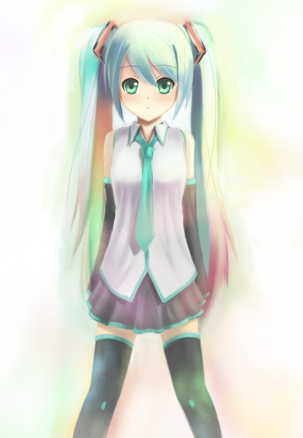 lino-lin, hatsune miku, vocaloid, bad id, bad pixiv id, highres, detached sleeves, gradient hair, green eyes, long hair, multicolored hair, necktie, solo, thighhighs, twintails, very long hair, zettai ryouiki