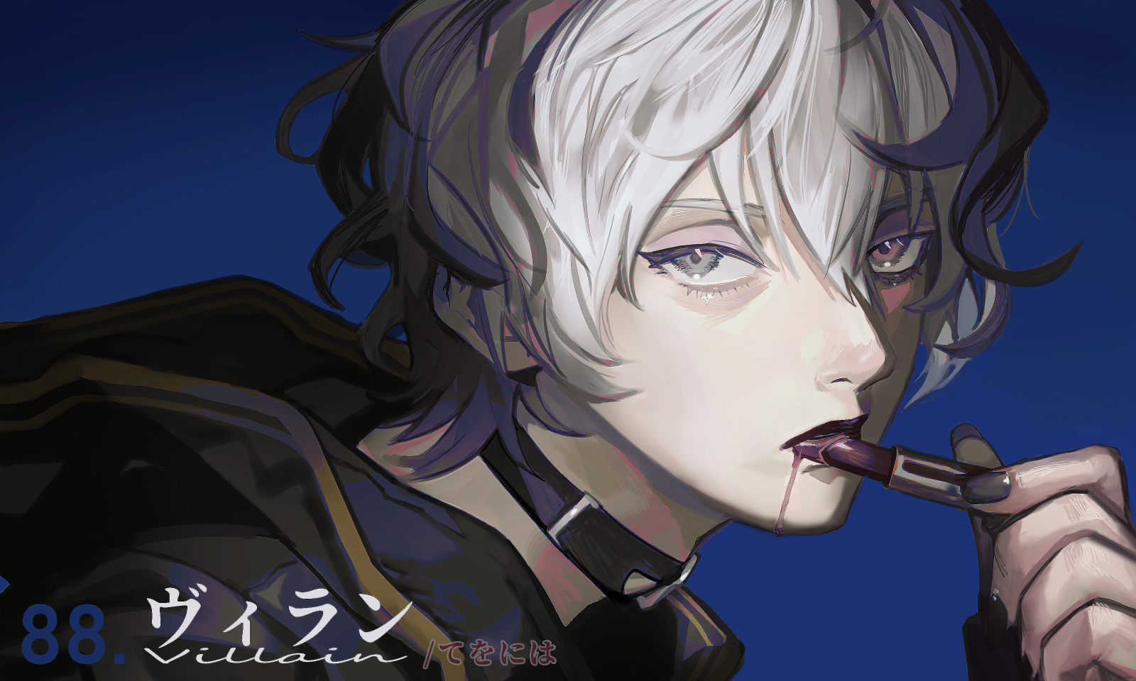 soyaka, flower (vocaloid), villain (vocaloid), vocaloid, commentary request, highres, 1girl, androgynous, applying lipstick, applying makeup, black collar, black hair, black jacket, black nails, blue background, collar, cosmetics, grey eyes, holding, holding lipstick tube, hood, hooded jacket, jacket, lipstick tube, portrait, solo, white hair