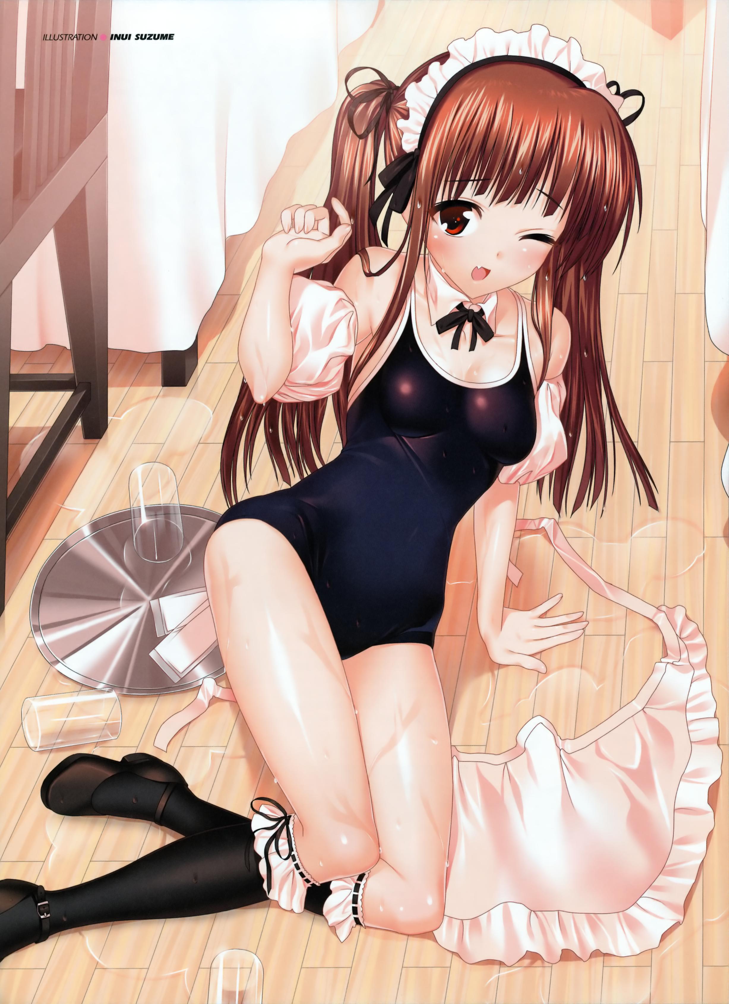 suzume inui, original, absurdres, highres, 1girl, apron, black one-piece swimsuit, brown hair, female focus, legs, long hair, one-piece swimsuit, school swimsuit, solo, swimsuit, tray, twintails, waitress, water, wet