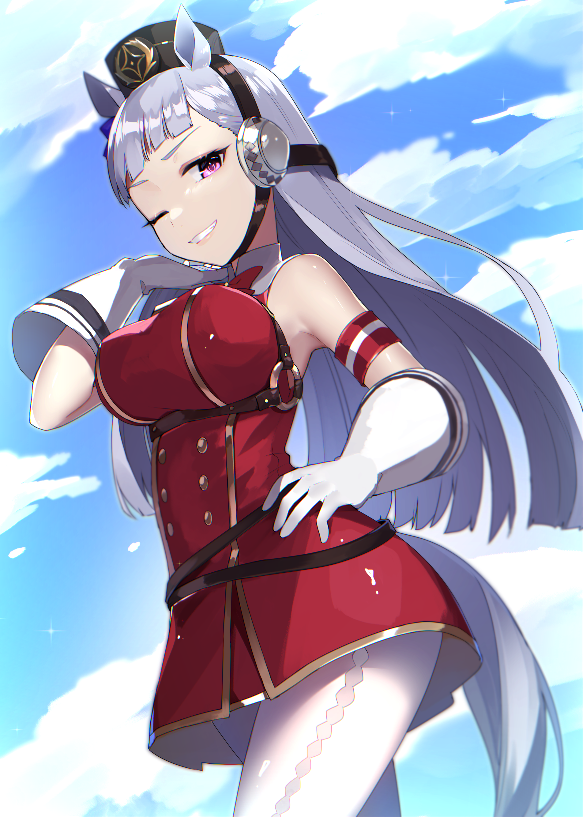 reirou (chokoonnpu), gold ship (umamusume), umamusume, absurdres, commentary request, highres, 1girl, armband, black hat, blue sky, breasts, cloud, dress, gloves, grin, hand on own hip, hat, horns, horse girl, horse tail, large breasts, long hair, one eye closed, pantyhose, red dress, sky, smile, solo, tail, white gloves, white pantyhose