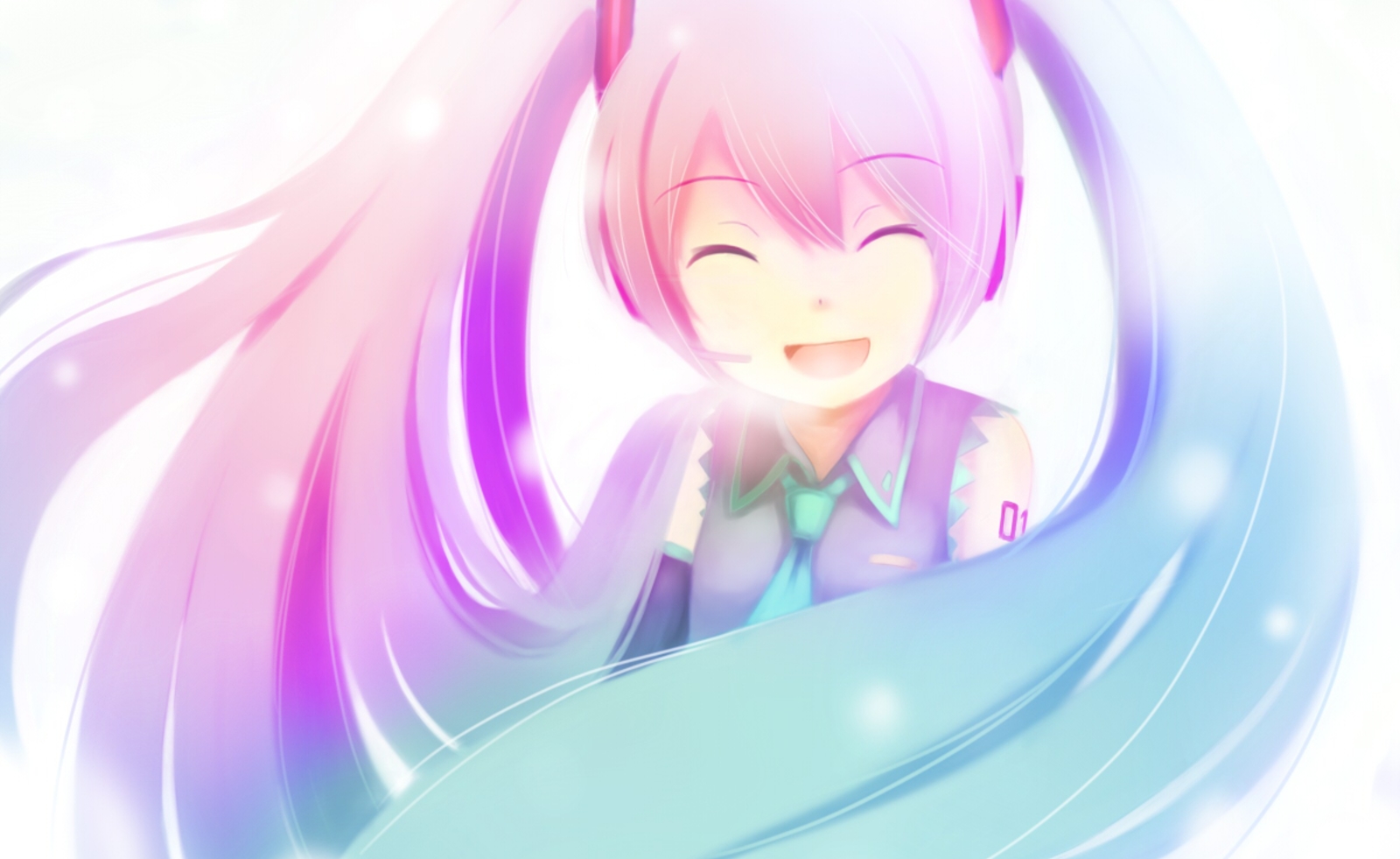 lino-lin, hatsune miku, vocaloid, bad id, bad pixiv id, highres, ^ ^, closed eyes, gradient hair, long hair, multicolored hair, necktie, solo, twintails, very long hair