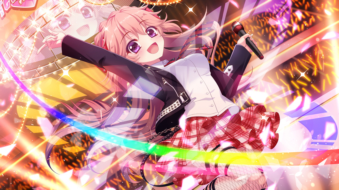 izumi tsubasu, haeno akari, re:stage!, game cg, non-web source, official art, 1girl, :d, arm up, audience, black jacket, blush, braid, breasts, buttons, chain, concert, crown braid, diagonal-striped clothes, diagonal-striped necktie, dot nose, dutch angle, film grain, fishnet pantyhose, fishnets, glowstick, hand up, holding, holding microphone, idol, idol clothes, jacket, logo, long hair, long sleeves, looking at viewer, medium breasts, microphone, necktie, open clothes, open jacket, open mouth, orange hair, pantyhose, plaid clothes, plaid skirt, purple eyes, red necktie, red skirt, screen, screen zoom, shirt, skirt, smile, solo, sparkle, stage, stage lights, standing, standing on one leg, striped clothes, thigh strap, very long hair, white shirt